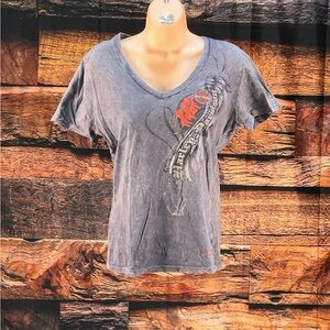 Harley-Davidson Gray Washed V-Neck Tee with Red Logo Accent